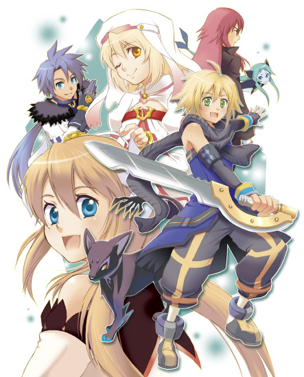 ahoge alice_(tales_of_symphonia_kor) aqua_(tales_of_symphonia) blonde_hair blue_eyes blue_hair brown_hair creature decus emil_castagnier gloves green_eyes long_hair looking_back marta_lualdi micha_(chaho) open_mouth ponytail red_hair redhead richter_abend short_hair smile sword tales_of_(series) tales_of_symphonia tales_of_symphonia_knight_of_ratatosk tenebrae veil weapon wink