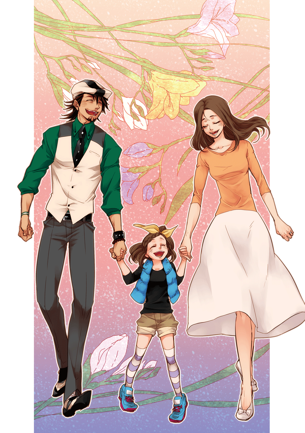 ^_^ age_difference amamiya_tomoe anth bow braid brown_hair closed_eyes couple dress eyes_closed facial_hair family father_and_daughter flower formal hair_bow hair_ornament hairclip hand_holding happy hat highres holding_hands husband_and_wife jewelry kaburagi_kaede kaburagi_t_kotetsu kaburagi_tomoe lily_(flower) long_hair male mother_and_daughter multiple_girls necktie ring saddle_shoes short_hair shorts side_ponytail skirt smile striped striped_legwear stubble thigh-highs thighhighs tiger_&amp;_bunny vest waistcoat wedding_band