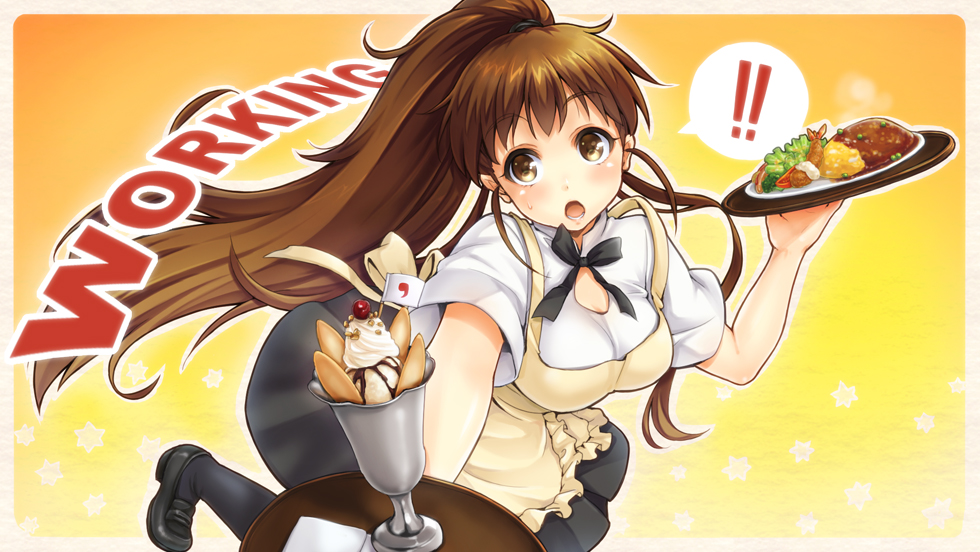 ! :o apron blush breasts brown_eyes brown_hair food ice_cream k.y_ko large_breasts loafers long_hair open_mouth ponytail shoes solo sundae taneshima_popura tray waitress working!!