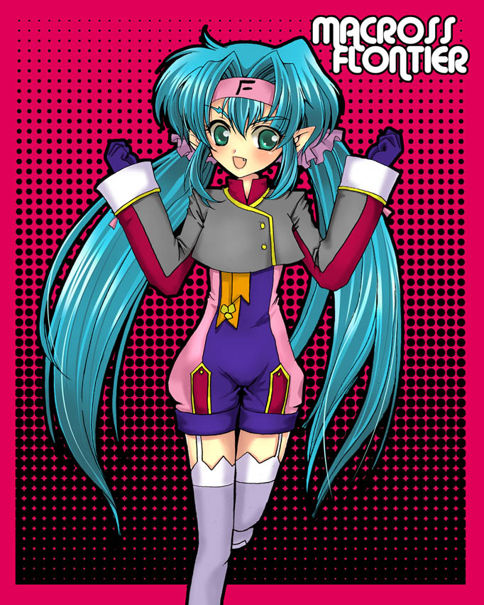 1girl :d aqua_eyes blue_hair fang flat_chest hair_intakes hairband happy klan_klein long_hair macross macross_frontier open_mouth payot pointy_ears purple_legwear sakasaka shorts smile solo thigh-highs thighhighs title_drop twintails