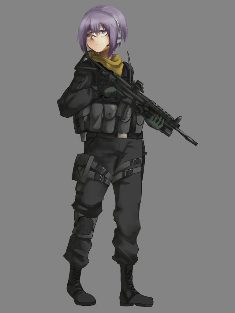 bad_id ban_(rfgdsl3637) boots glasses gloves grenade_launcher gun headset kannagi_noel knee_pads load_bearing_vest military operator rff_(3_percent) rifle scarf solo sora_no_woto underbarrel_grenade_launcher weapon