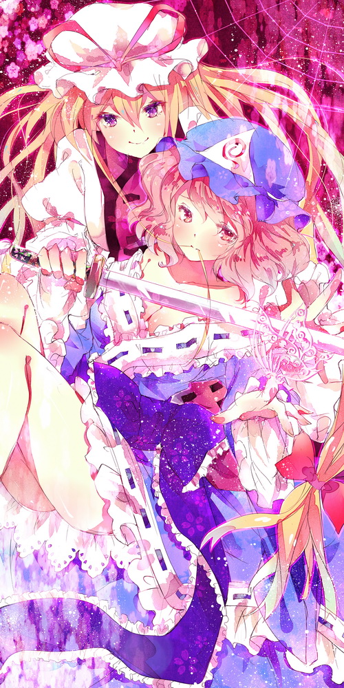 bare_shoulders blonde_hair breasts butterfly_on_hand cleavage hair_in_mouth hat katana long_hair make2961 mielang mouth_hold multiple_girls off_shoulder pink_eyes pink_hair purple_eyes saigyouji_yuyuko short_hair smile spider_web sword touhou violet_eyes weapon yakumo_yukari