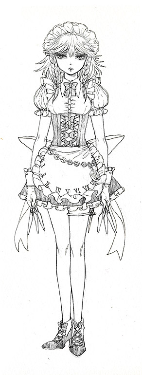 apron corset gloves high_heels izayoi_sakuya knife maid maid_headdress monochrome shoes solo standing takatora throwing_knife touhou traditional_media weapon