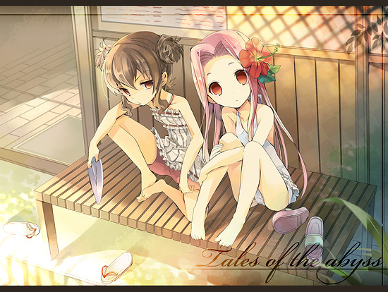 alternate_hairstyle anise_tatlin arietta bare_shoulders barefoot brown_eyes brown_hair double_bun flower fruit_punch hair_flower hair_ornament hibiscus long_hair multiple_girls no_pupils one-piece_swimsuit pink_hair red_eyes sandals short_hair shorts sitting swimsuit tales_of_(series) tales_of_the_abyss title_drop