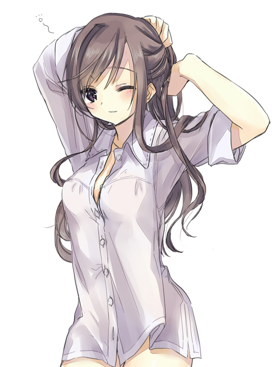 artist_request brown_hair copyright_request dress_shirt dresss_shirt long_hair looking_at_viewer miyoshino naked_shirt no_bra no_panties purple_eyes shirt sleeves_rolled_up solo source_request wink
