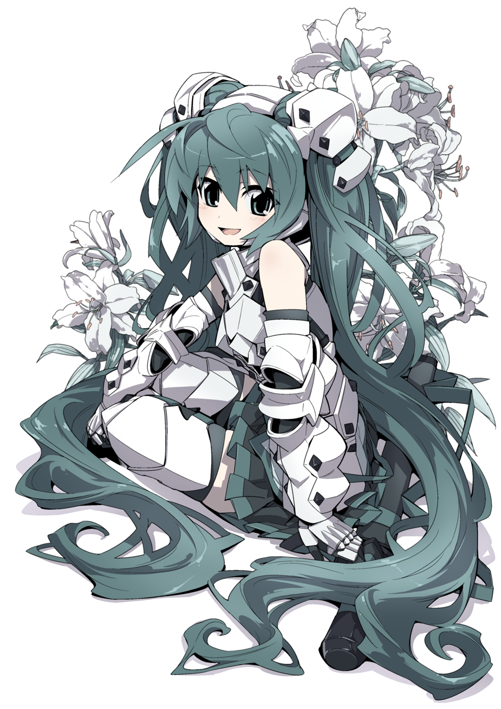 armor fantasy flower gauntlets greaves green_eyes green_hair hatsune_miku highres long_hair open_mouth simple_background sitting smile solo thigh-highs thighhighs toda_youkon twintails very_long_hair vocaloid zettai_ryouiki