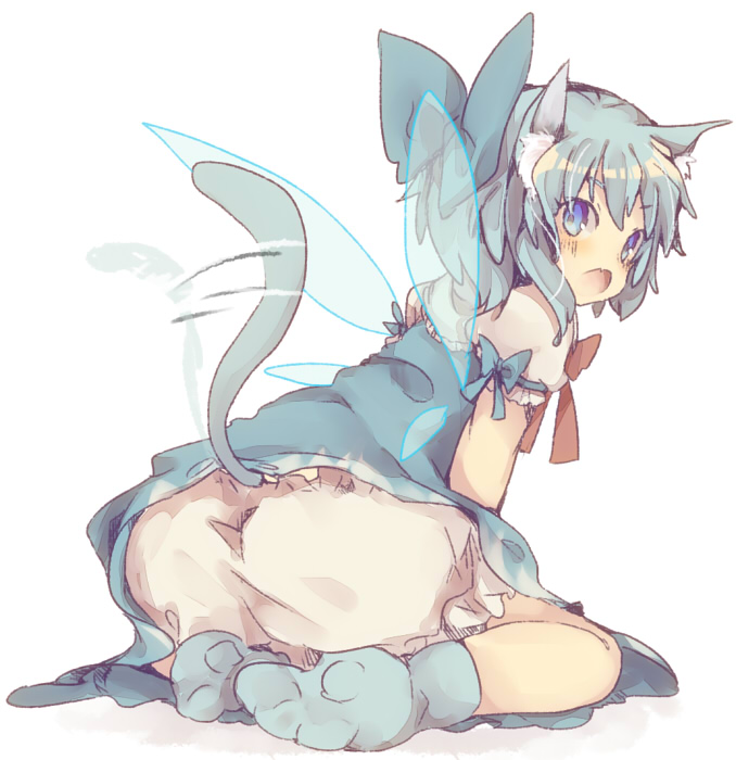 animal_ears ass bloomers blue_eyes blue_hair blue_legwear bow cat_ears cat_tail cirno footwear hair_bow kemonomimi_mode looking_at_viewer looking_back masirosu open_mouth short_hair simple_background sitting socks solo tail tail_wagging touhou upskirt wariza wings