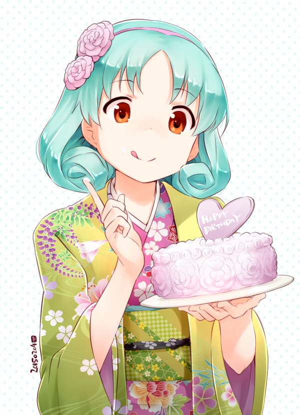 1girl :p cake dated food green_hair hair_ribbon happy_birthday idolmaster idolmaster_million_live! index_finger_raised japanese_clothes kimono nagian ribbon short_hair signature solo tokugawa_matsuri tongue tongue_out