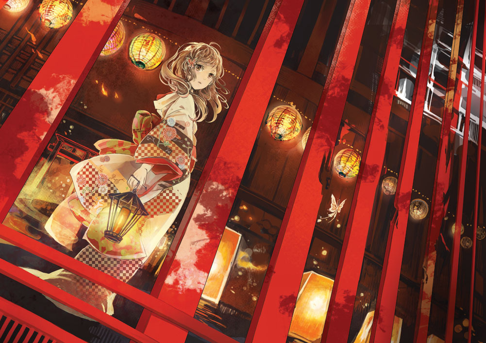 ahoge blonde_hair brown_eyes brown_hair butterfly dutch_angle east_asian_architecture from_below hair_ornament hairpin japanese_clothes key kimono lantern long_hair looking_at_viewer looking_down obi original paper_lantern sk solo torii wide_sleeves wind yellow_eyes