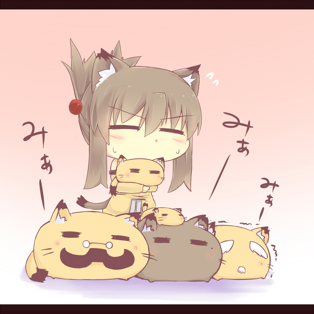 animal_ears blush brown_hair cat cat_ears cat_tail chibi closed_eyes dress eyes_closed facial_hair family fat glasses hair_bobbles hair_ornament hazuki_ruu hazuki_ruu's_cat hazuki_ruu's_cat kuzuneko letterboxed mole mustache original ponytail tail yellow_dress