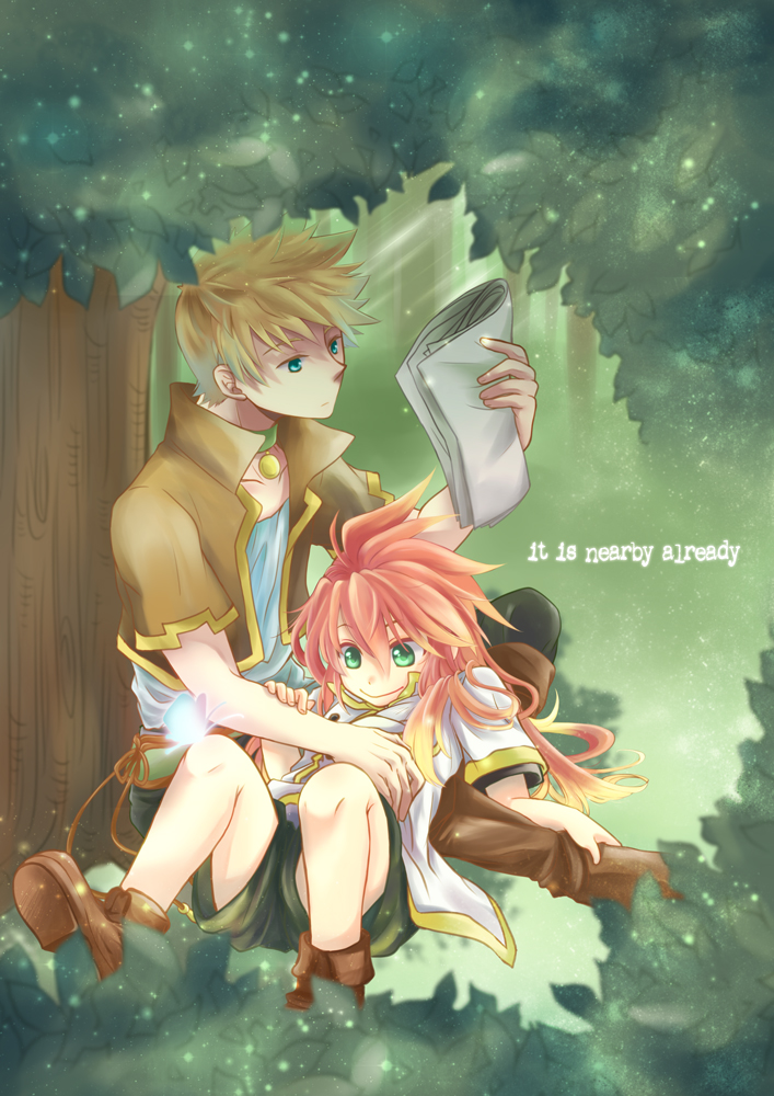 blonde_hair boots choker engrish grass green_eyes guy_cecil lm2-3 long_hair luke_fon_fabre male multiple_boys outdoors paper ranguage red_hair redhead shirt shoes shorts sitting smile tales_of_(series) tales_of_the_abyss tree vest