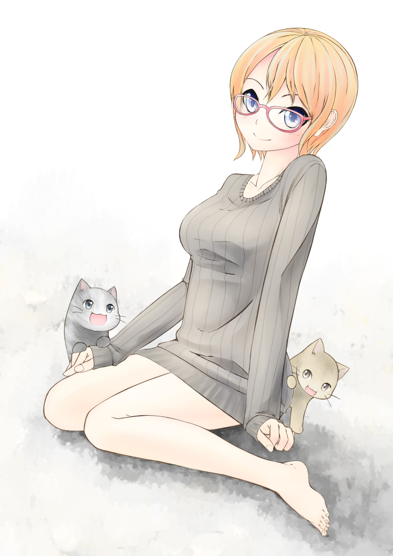 1girl barefoot blue_eyes bottomless cat feet female glasses looking_at_viewer naked_sweater nekobaka no_pants open_mouth orange_hair original red-framed_glasses short_hair simple_background sitting smile solo sweater toes wariza
