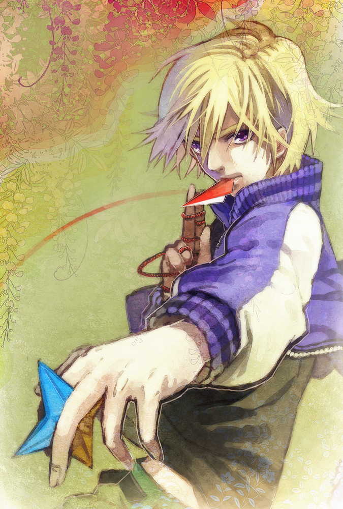 bad_id blonde_hair ivan_karelin jacket letterman_jacket male oh007 origami paper purple_eyes purple_jacket short_hair shuriken solo string tiger_&amp;_bunny violet_eyes weapon