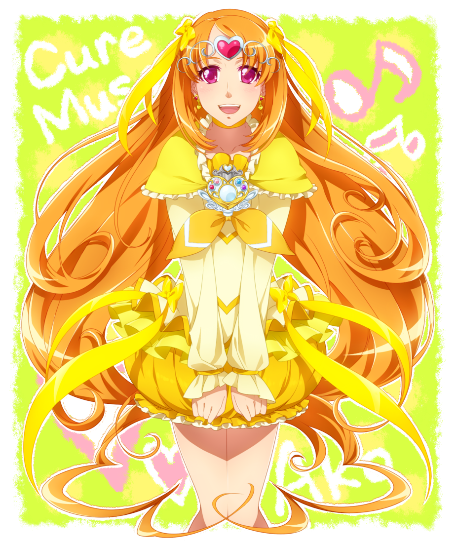 1girl bow brooch bubble_skirt character_name choker circlet cure_muse cure_muse_(yellow) dress earrings hair_ribbon heart jewelry long_hair magical_girl musical_note orange_hair precure purple_eyes ribbon shirabe_ako smile solo suite_precure violet_eyes yellow