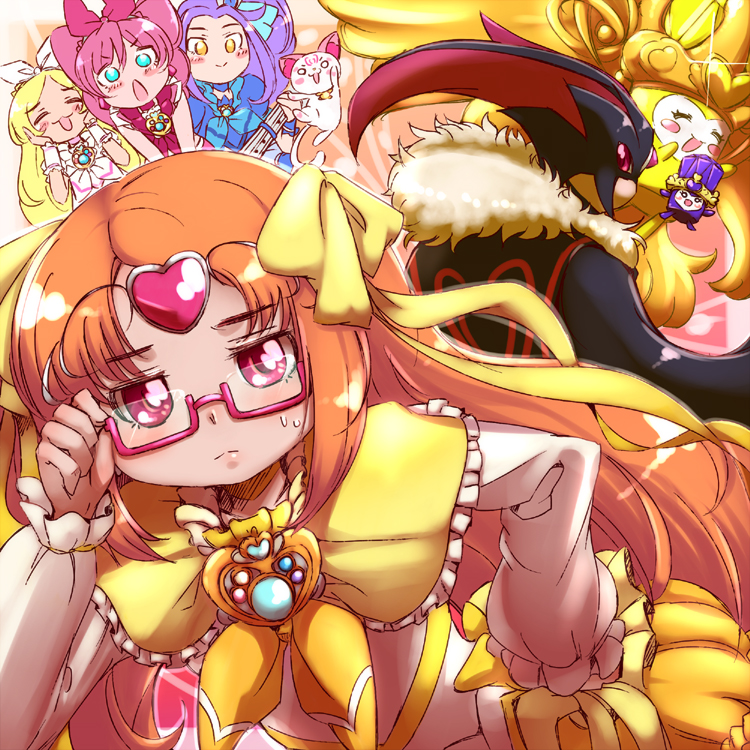 adjusting_glasses bespectacled bow brooch brown_hair cure_beat cure_melody cure_muse cure_muse_(black) cure_muse_(yellow) cure_rhythm fairy_tone glasses hair_bow hand_on_hip heart houjou_hibiki hummy_(suite_precure) jewelry kurokawa_ellen long_hair magical_girl mask minamino_kanade multiple_girls pink-framed_glasses precure red-framed_glasses red_eyes ribbon shimetta_seiya shirabe_ako siren_(suite_precure) spoilers suite_precure sweatdrop