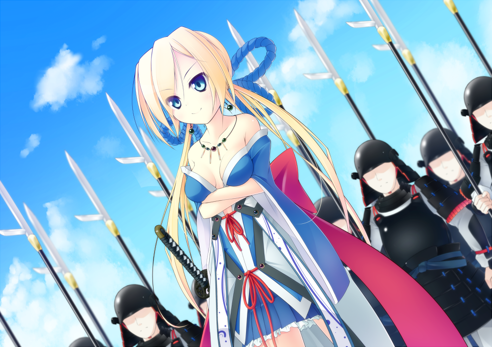 army bare_shoulders blonde_hair blue_eyes bow breasts cleavage cloud crossed_arms earrings hair_ornament jewelry katana kuroneko_shiro long_hair necklace original polearm rope skirt sky smile spear sword twintails weapon