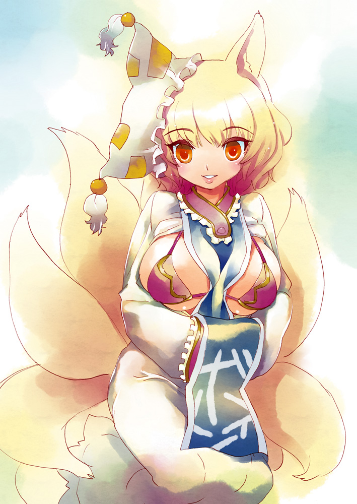 animal_ears blonde_hair bra breasts breasts_outside fox_ears fox_tail hands_in_sleeves hat kneeling large_breasts lingerie lipes lips looking_at_viewer multiple_tails open_clothes orange_eyes red_eyes shirt_lift short_hair simple_background smile solo tabard tail touhou tsuutenkaaku underwear yakumo_ran