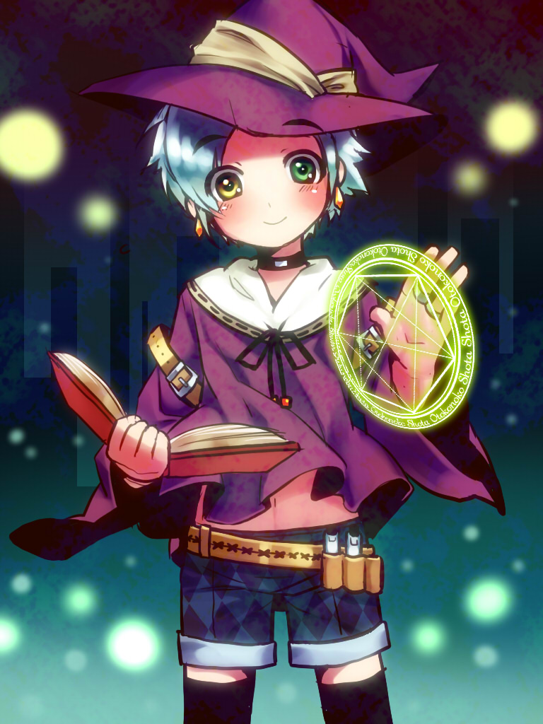 1boy artist_request black_legwear blue_hair blush book choker copyright_request earrings green_eyes hat holster jewelry looking_at_viewer magic_circle male navel nohko short_hair shorts smile solo source_request thighhighs witch witch_hat