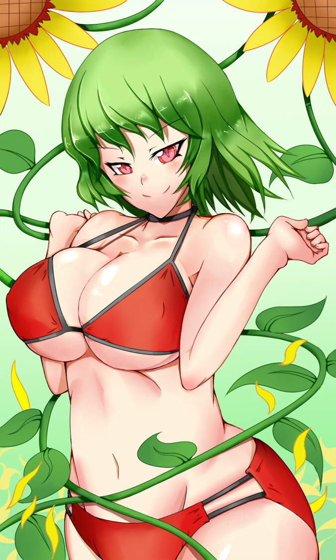 &gt;:) arms_up bangs bikini blush body_blush breast_squeeze breasts choker cleavage collarbone erect_nipples floral_background flower ginko_(nico) green_hair head_tilt hips kazami_yuuka large_breasts looking_at_viewer midriff navel red_eyes shiny shiny_skin solo sunflower swimsuit touhou wide_hips youkai