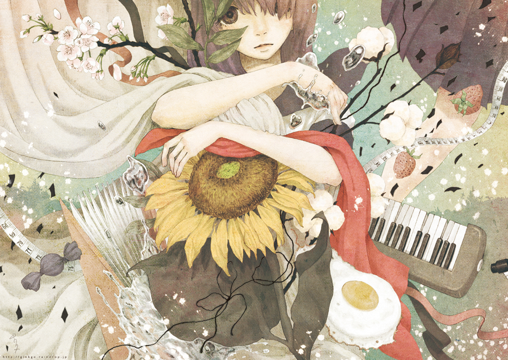 book branch brown_eyes brown_hair candy egg flower flower_request food fruit hair_over_one_eye instrument keyboard_(instrument) onohana original ribbon scarf solo strawberry sunflower tape_measure water