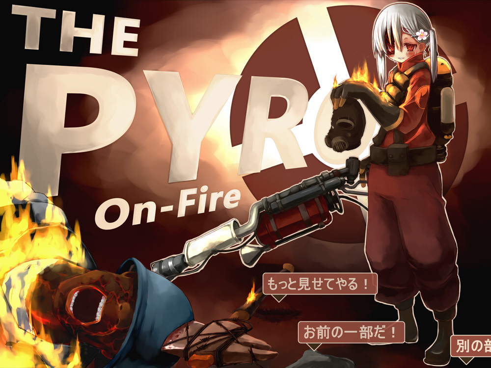 burn cosplay fire flame flamethrower flower gas_mask genderswap hair_ornament icemissile injury scar silver_hair solo team_fortress_2 the_pyro the_soldier translated twintails weapon