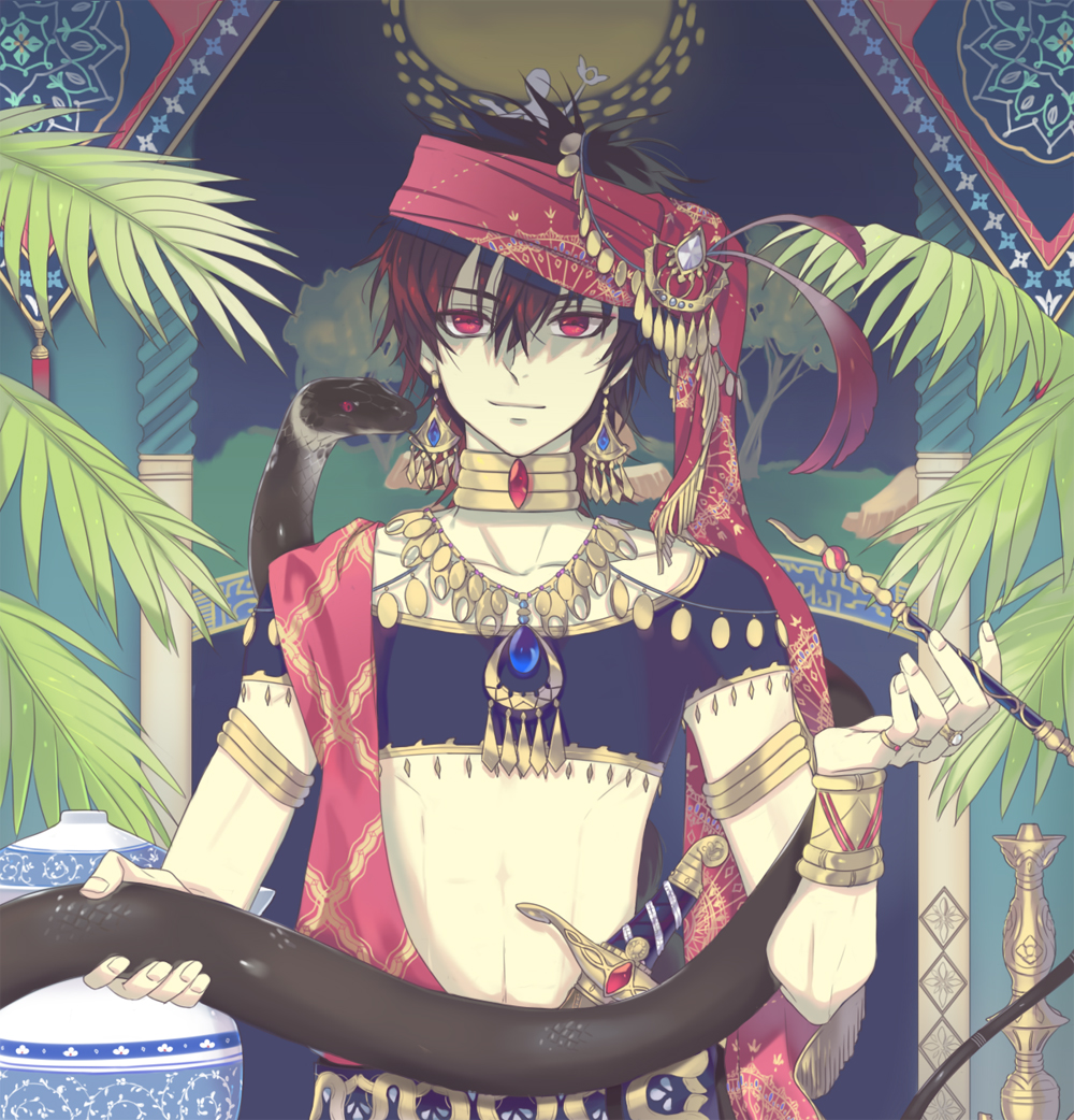 arabian_clothes armband bad_id black_hair coin crop_top earrings enk hookah jewelry judal leaf magi_the_labyrinth_of_magic male midriff neck_ring necklace red_eyes snake solo