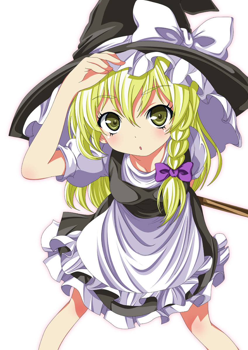 1girl adjusting_clothes adjusting_hat apron black_dress blonde_hair bow braid dress hair_ribbon hat hat_bow highres kirisame_marisa long_hair looking_at_viewer ma-yu open_mouth puffy_sleeves ribbon short_sleeves simple_background single_braid solo touhou waist_apron white_background witch_hat yellow_eyes