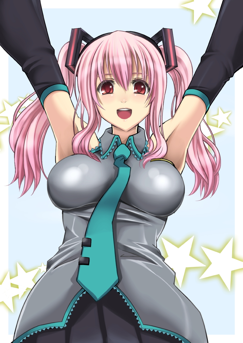 alternate_hairstyle armpits arms_up breasts cosplay deni_m detached_sleeves hatsune_miku hatsune_miku_(cosplay) highres necktie nitroplus pink_hair red_eyes solo sonico star super_sonico twintails vocaloid