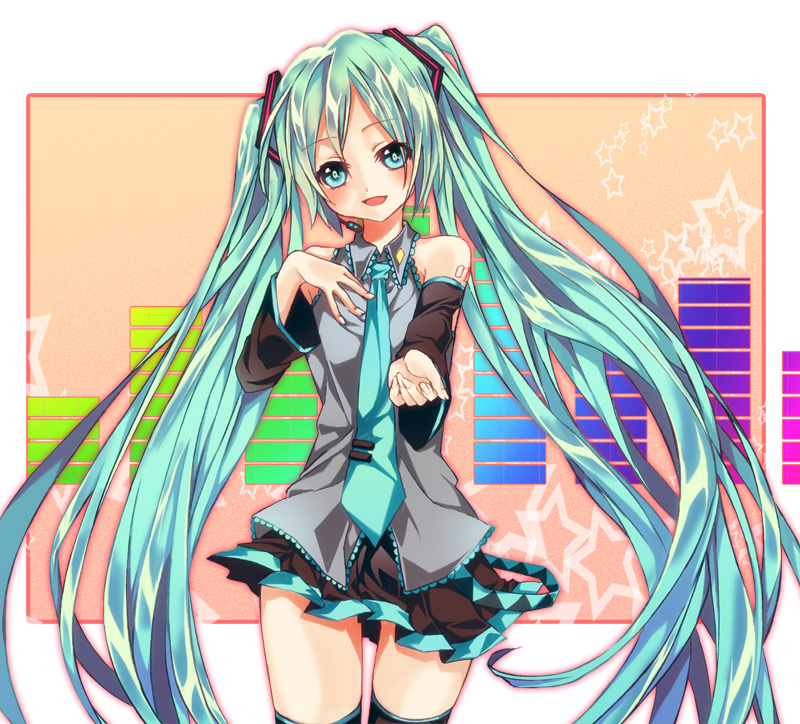 aqua_eyes aqua_hair bad_id detached_sleeves hand_on_own_chest hand_to_chest hatsune_miku head_tilt headset long_hair necktie open_mouth outstretched_arm skirt solo thigh-highs thighhighs tsukasa_kinako twintails very_long_hair vocaloid