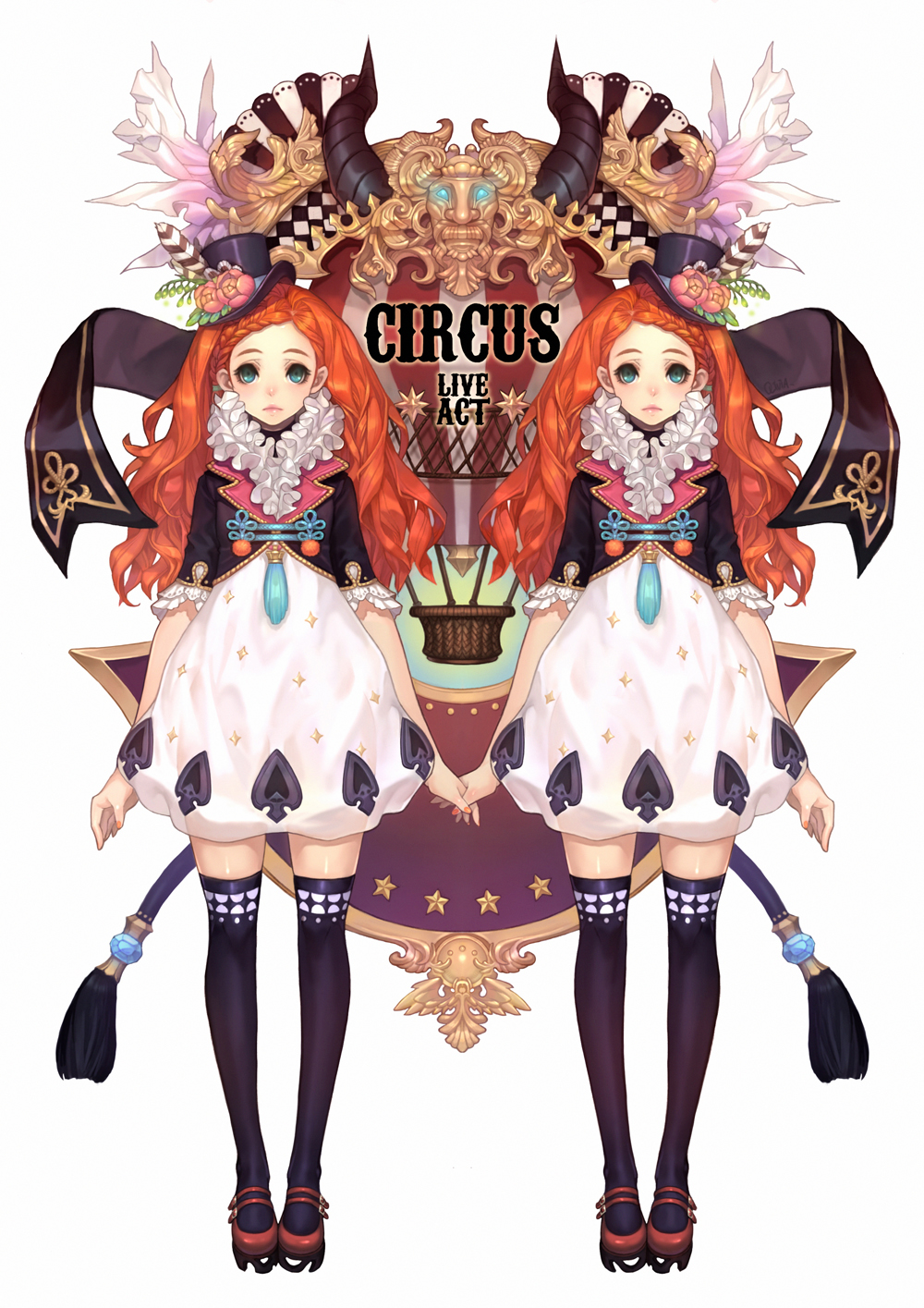 aqua_eyes blue_eyes braid circus copyright_request elaborate_frame frills hand_holding hat highres holding_hands long_hair multiple_girls olivia_(yh) orange_hair red_hair redhead siblings simple_background spade symmetry thighhighs top_hat twins