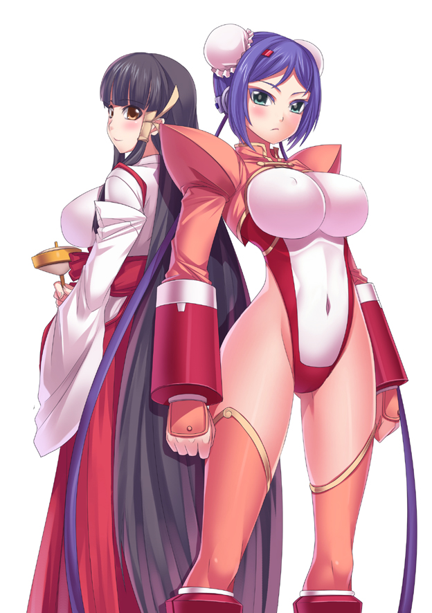 arcana_heart black_hair blush breasts darkmaya green_eyes highleg highleg_leotard huge_breasts kasuga_maori legs leotard long_hair mei-fang multiple_girls shoulder_pads thigh-highs thighhighs thighs thong_leotard very_long_hair