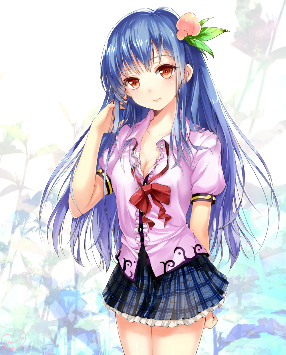 adapted_costume adjusting_hair arm_behind_back blue_hair blush bow bowtie breasts buriki_(style) cleavage colored_eyelashes face fingernails flower food frills fruit head_tilt heart highres hinanawi_tenshi lips long_hair looking_at_viewer momoko_(momopoco) no_hat no_headwear peach plaid plaid_skirt puffy_sleeves red_eyes skirt smile solo touhou undone_necktie untied