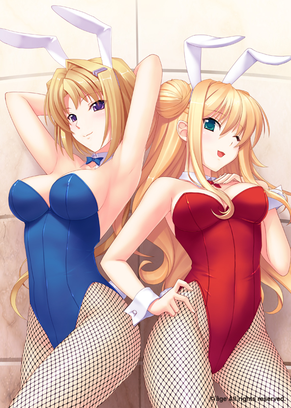2girls ;d animal_ears armpits arms_behind_head artist_request bare_shoulders blonde_hair bowtie breasts bunny_ears bunnysuit cleavage detached_collar ellen_aice fishnet_pantyhose fishnets green_eyes hairclip hand_on_hip himukai_kyousuke hips lilia_kjellberg long_hair multiple_girls muvluv muvluv_alternative open_mouth pantyhose purple_eyes smile source_request wavy_hair wink wrist_cuffs
