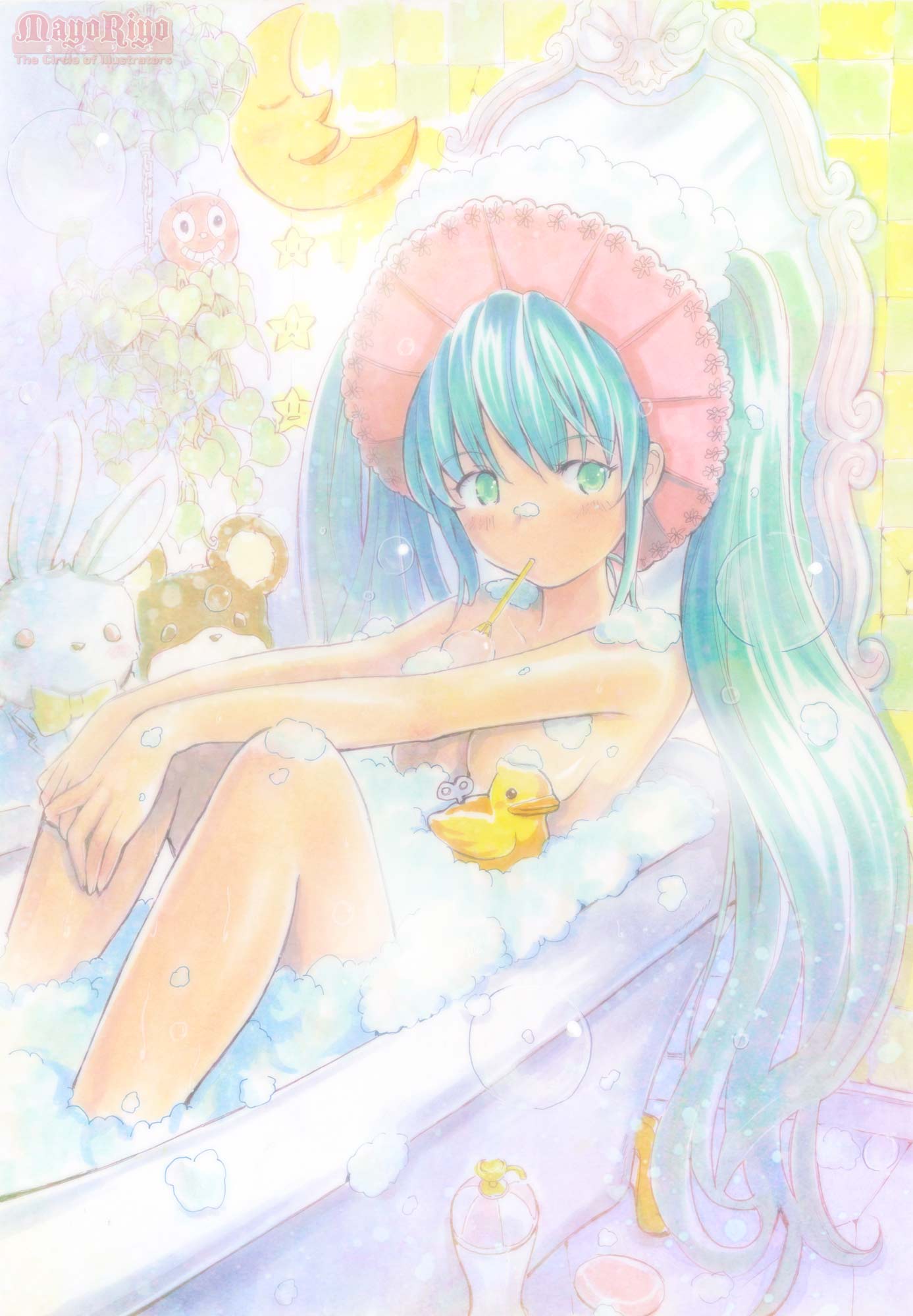 aqua_eyes aqua_hair bath bathing bathtub blush breasts bubble bubble_bath bubble_blowing censored convenient_censoring crescent_moon foam hatsune_miku highres long_hair mayo_riyo moon mouth_hold nude rubber_duck shower_cap sitting solo stuffed_animal stuffed_toy twintails very_long_hair vocaloid