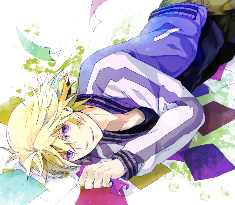 blonde_hair ivan_karelin jacket letterman_jacket male paper purple_eyes purple_jacket short_hair solo tamaco tiger_&amp;_bunny violet_eyes