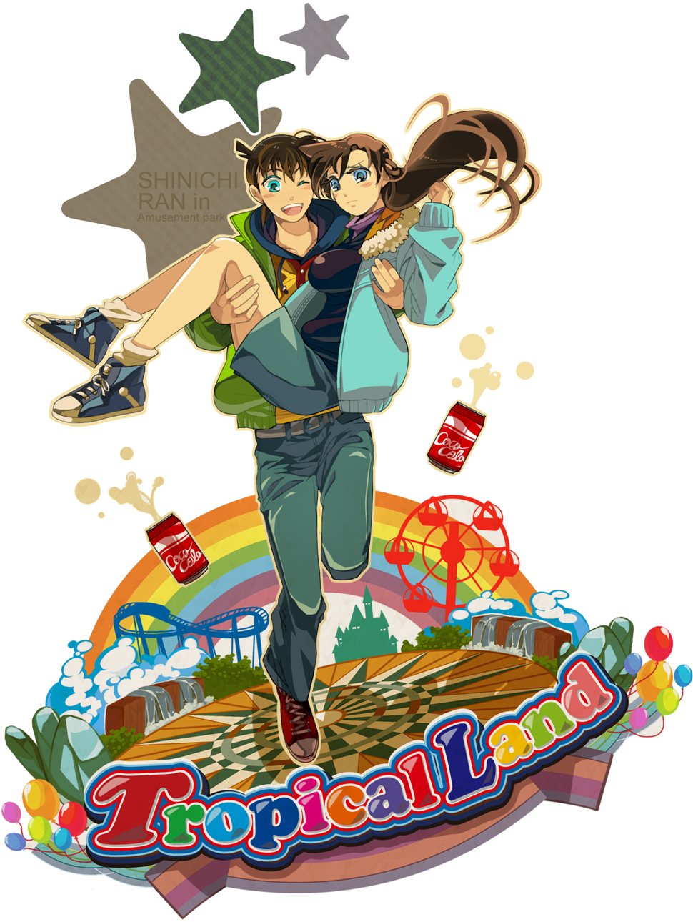 1girl ;d amusement_park aruta1412 bad_id balloon blue_eyes blush breasts brown_hair carrying character_name coat couple detective_conan footwear happy highres kudou_shin'ichi kudou_shinichi long_hair meitantei_conan mouri_ran open_mouth pants princess_carry rainbow running shirt shoes shorts smile sneakers socks star wink