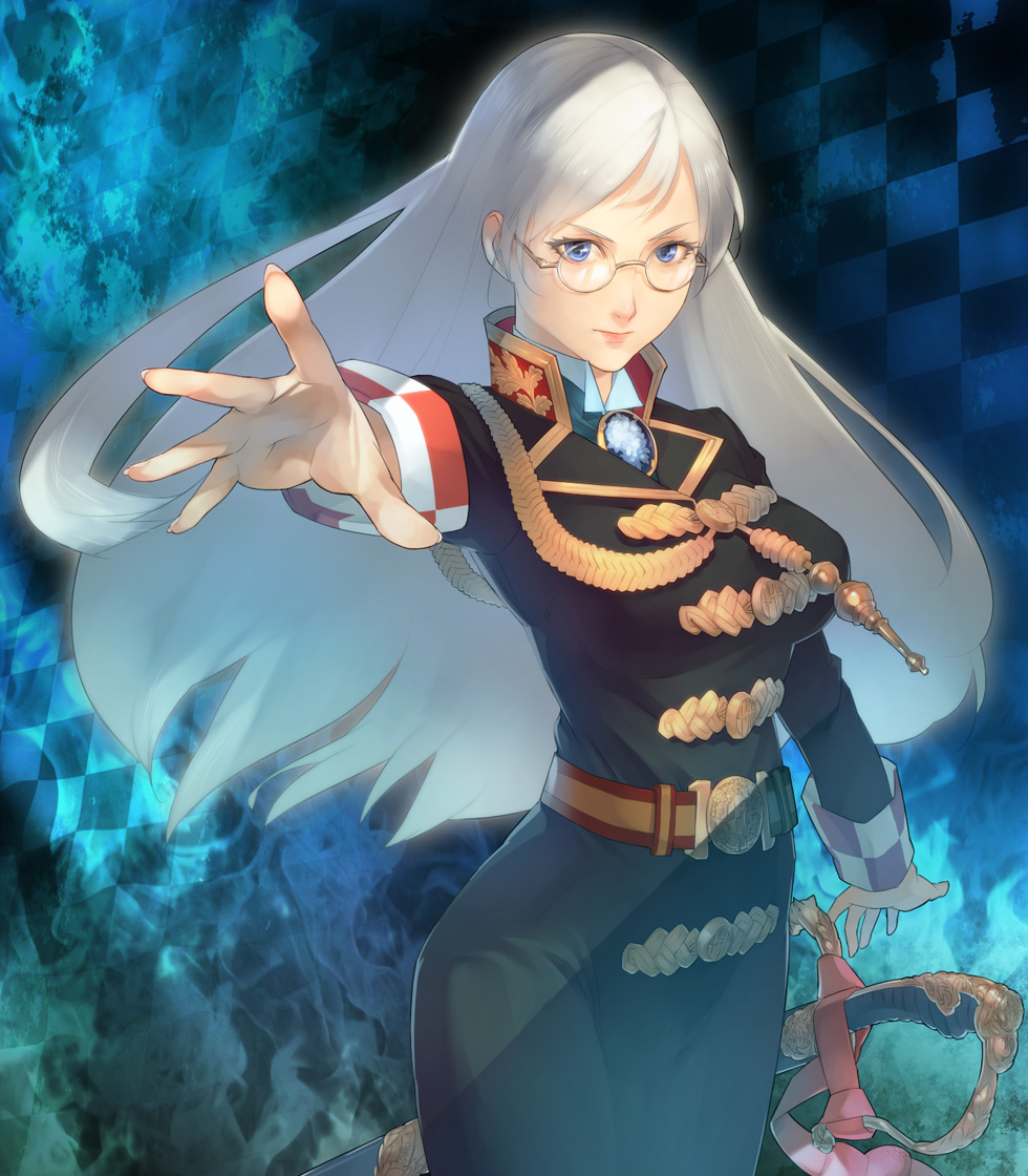 asa_(y-asa) belt blue_eyes brooch copyright_request glasses jewelry long_hair military military_uniform silver_hair solo sword uniform weapon white_hair