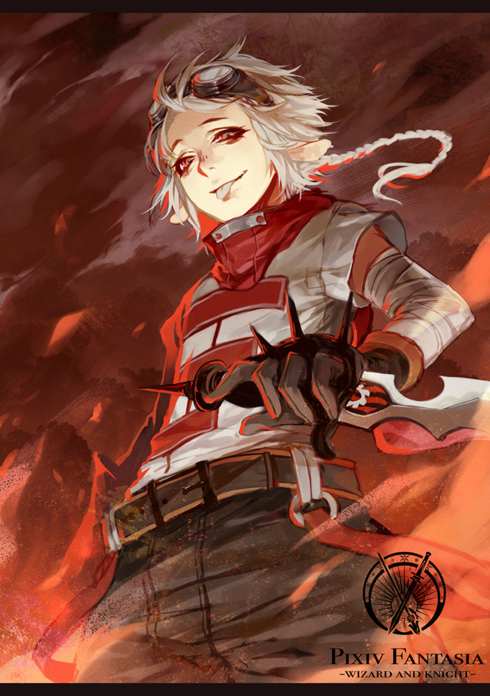 :p animal_ears belt braid fire gloves goggles goggles_on_head letterboxed male original pixiv_fantasia pixiv_fantasia_wizard_and_knight red_eyes scarf short_hair silverwing single_braid solo sword tongue weapon white_hair