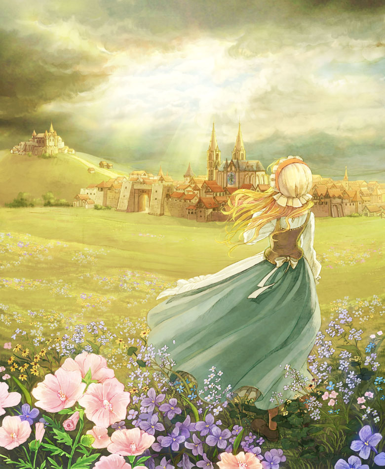 blonde_hair bonnet castle cloud com_kom dress flower from_behind grass light long_hair nature original scenery solo standing