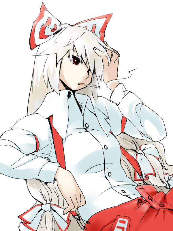 chagen_kokimu cigarette fujiwara_no_mokou hair_bow hair_over_one_eye hair_over_one_eyes hand_on_head long_hair pants red_eyes sdmaiden silver_hair smoke smoking suspenders touhou