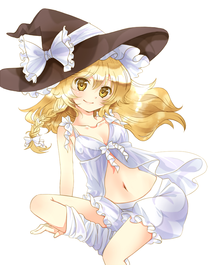 arm_support babydoll blonde_hair bloomers braid collarbone face front-tie_top hat kirisame_marisa lingerie looking_at_viewer loose_thighhigh midriff navel shiny shiny_hair simple_background sitting smile solo toraharu touhou underwear underwear_only white_legwear witch witch_hat yellow_eyes