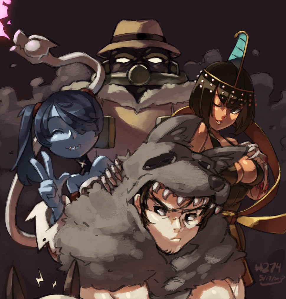 2boys 3girls android animal_ears bare_shoulders beowulf_(skullgirls) big_band black_dress black_hair blood blue_hair blue_skin bone breasts cape cat_ears cleavage dark_skin dated detached_collar detached_sleeves dress eliza_(skullgirls) fedora flame gas_mask hair_over_one_eye halterneck hat head_out_of_frame hood junkpuyo large_breasts leviathan_(skullgirls) multiple_boys multiple_girls no_pupils pelt robo-fortune short_hair side_ponytail skullgirls smile squigly_(skullgirls) stitched_mouth striped_sleeves tiara v wink zombie