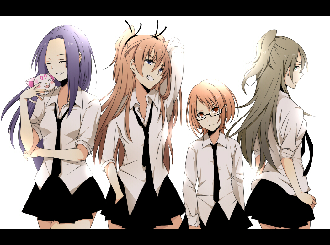 arm_up bad_id brown_hair closed_eyes dress_shirt eyes_closed formal glasses grin height_difference houjou_hibiki hummy_(suite_precure) kurokawa_ellen letterboxed lineup long_hair minamino_kanade multiple_girls necktie precure purple_hair sao_(0060) shirabe_ako shirt short_hair siren_(suite_precure) size_difference sleeves_rolled_up smile suite_precure teeth two_side_up white white_shirt