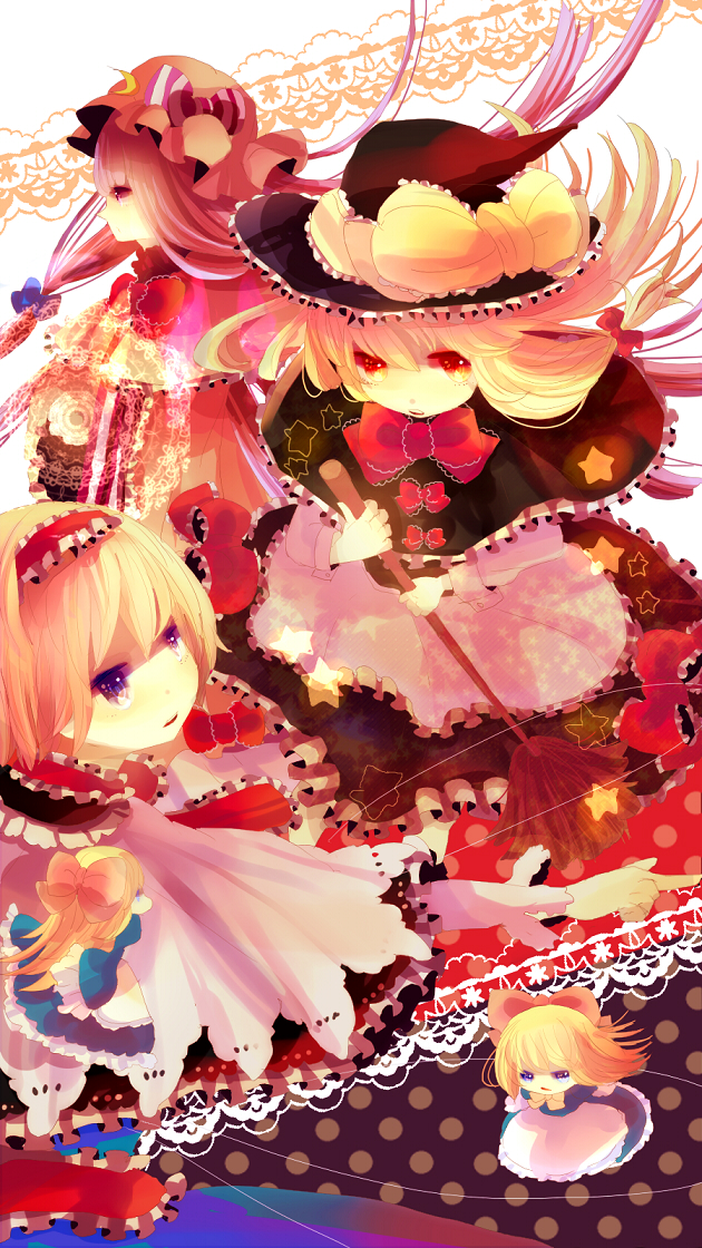 alice_margatroid blonde_hair blue_eyes bow broom capelet crescent doll dress frills hair_bow hair_ribbon hairband hat hiyualice kirisame_marisa long_hair multiple_girls orange_eyes patchouli_knowledge pointing purple_eyes purple_hair ribbon shanghai_doll star string touhou violet_eyes witch witch_hat