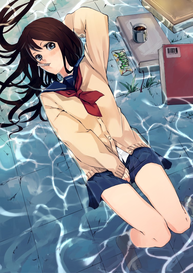 brown_hair cardigan coffee covering covering_crotch knees_together_feet_apart long_hair mouth_hold original ryusui school_uniform serafuku skirt solo submerged thigh_gap water wet wet_clothes