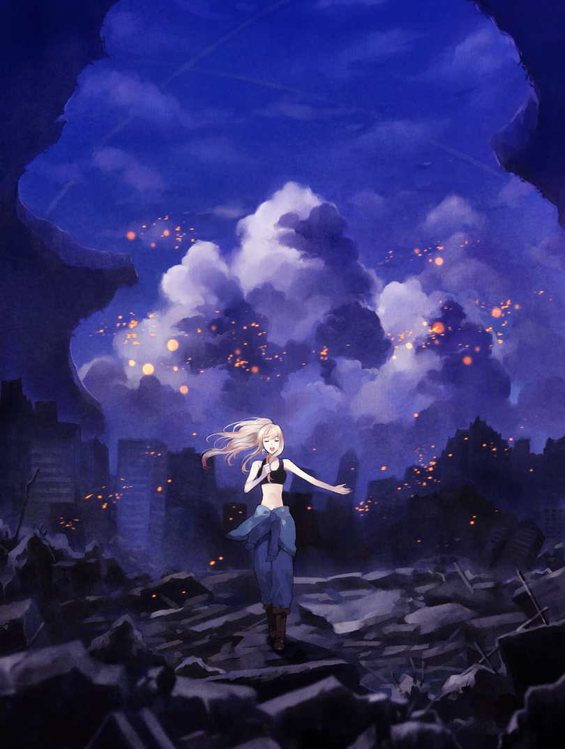 battle blonde_hair boots building city closed_eyes cloud explosion explosions eyes_closed jacket_around_waist macross macross_frontier microphone midriff ruins sheryl_nome sky solo sports_bra uhouho14
