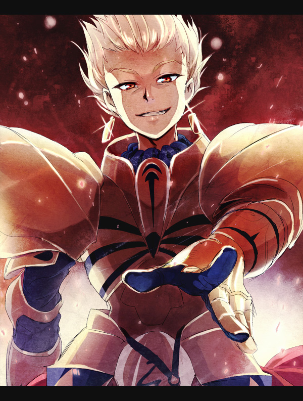 armor blonde_hair chako_(pukko) earrings fate/stay_night fate/zero fate_(series) gilgamesh grin jewelry letterboxed looking_at_viewer male open_mouth pointing pointing_at_viewer pukko red_eyes short_hair smile solo teeth