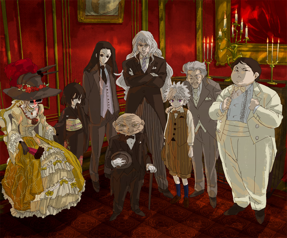 age_difference bowtie brothers candle dress family fan father_and_son flower footwear formal hat hunter_x_hunter illumi_zoldyck japanese_clothes kalluto_zoldyck kikyou_zoldyck killua_zoldyck kimono long_hair maha_zoldyck milluki_zoldyck mito_tomiko mother_and_son necktie short_hair siblings silva_zoldyck socks suit vest white_hair zeno_zoldyck