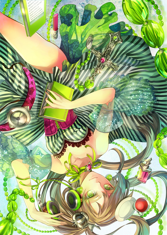 bare_shoulders beads book bottle brown_hair cross cup dress earrings green_eyes headphones jewelry kyouka_hatori lipstick_tube long_hair mini_crown original perfume_bottle ponytail ribbon saucer solo strapless_dress striped striped_dress teacup upside-down vertical_stripes watch