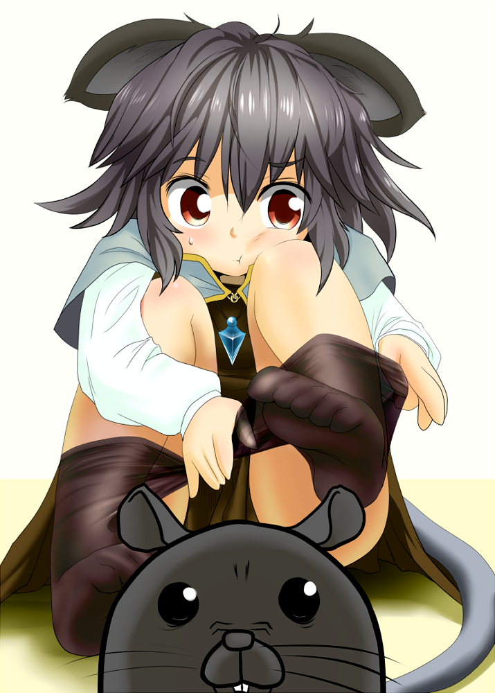 :t animal_ears black_legwear brown_dress capelet censored convenient_censoring dress dressing gem grey_eyes ishikkoro jewelry mouse mouse_ears mouse_tail nazrin necklace pantyhose pantyhose_pull pendant red_eyes shirt short_hair sitting solo tail touhou upskirt